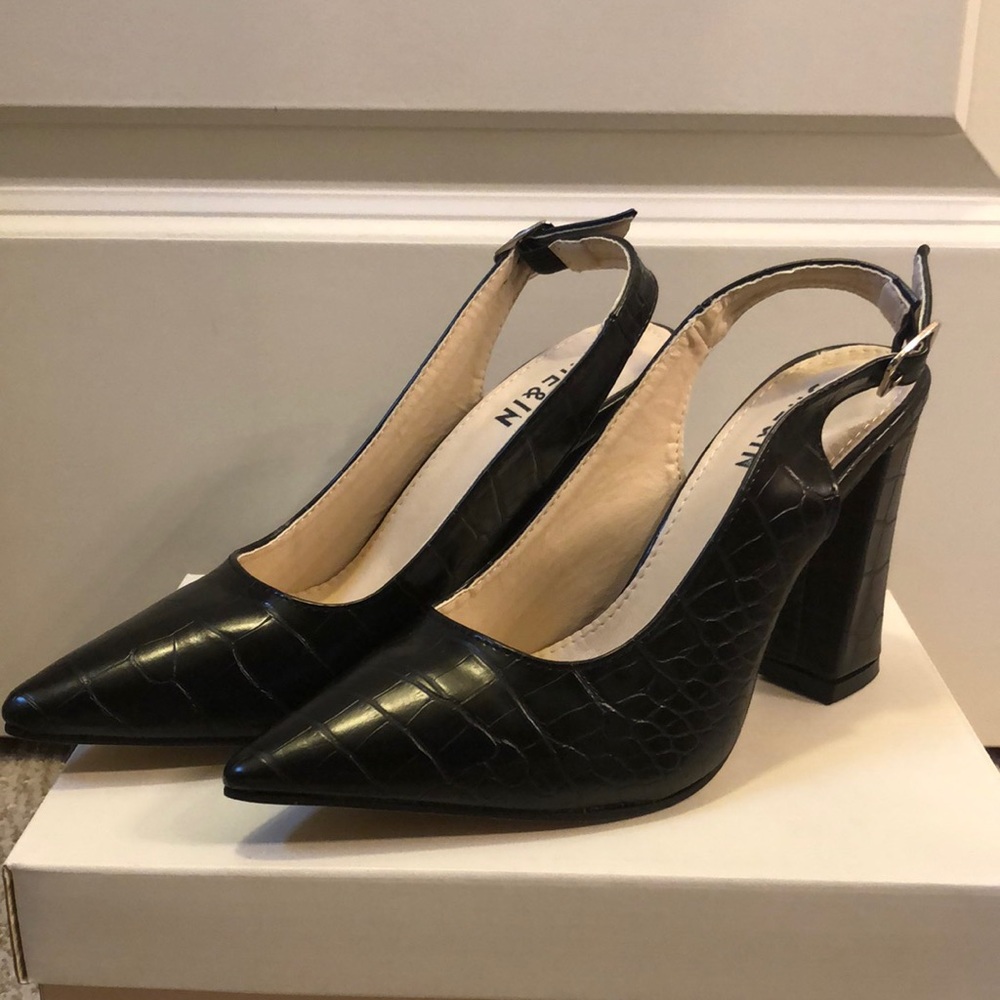 Black Alligator Block Heels